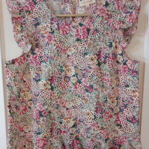 Solitaire Summer Blouse Top Eyelet Embroidered Floral Ruffles Large